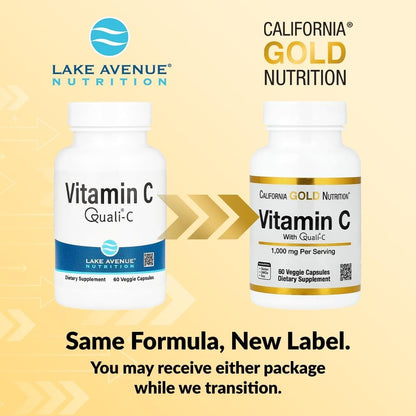 Two bottles of Vitamin C supplements from Lake Avenue Nutrition and California Gold Nutrition on a beige background.