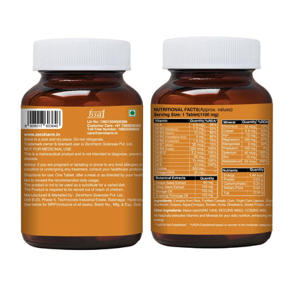 ZEROHARM Multivitamin Tablets for Women - Whole Food With Omega, Essential Vitamins & Minerals - Vitamin C, B, D, A, Biotin, Iron, Zinc, Selenium - Energy, Immunity & Hair Skin Health - 30 Tablets