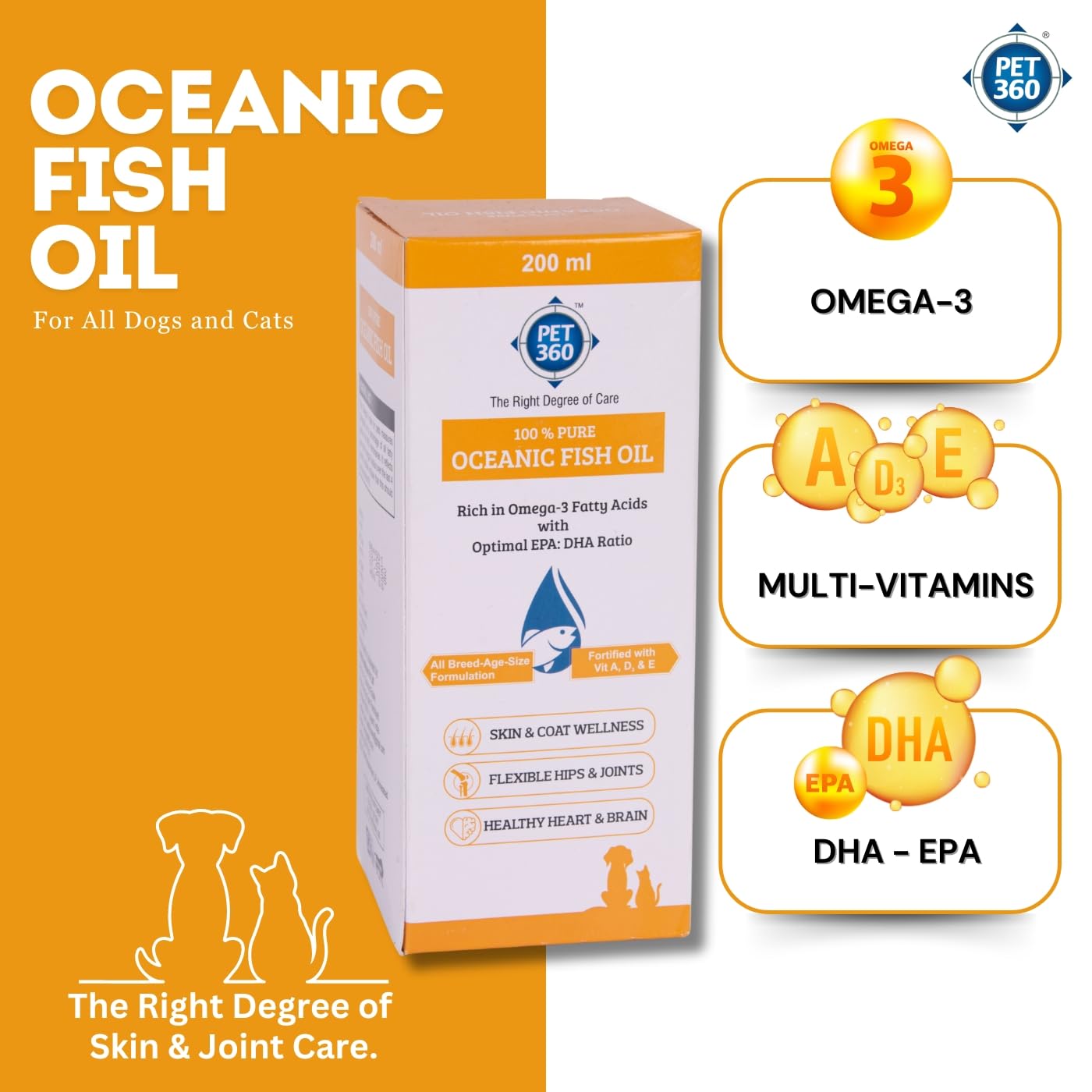 PET360 Oceanic Sardine Fish Oil for Dogs & Cats | Promotes Heart, Brain, Liver & Kidney Health | Reduced Hairfall, Shiny Coat | Omega 3, 6 & Vit. A, D, E| Nutritional Supplement for All Breeds- 200 ml