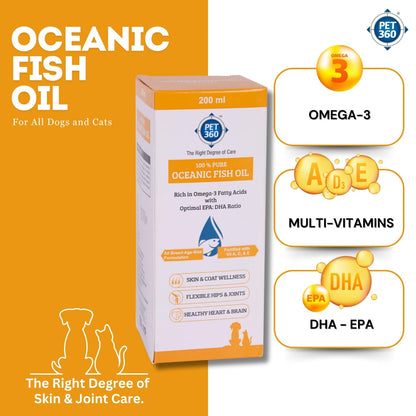 PET360 Oceanic Sardine Fish Oil for Dogs & Cats | Promotes Heart, Brain, Liver & Kidney Health | Reduced Hairfall, Shiny Coat | Omega 3, 6 & Vit. A, D, E| Nutritional Supplement for All Breeds- 200 ml
