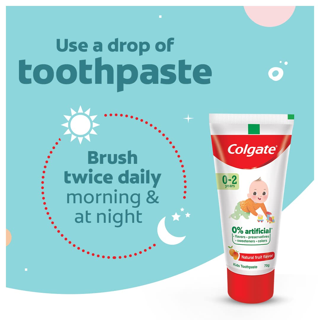 Colgate Toothpaste For Kids Cavity Protection (0-2 Years), Natural Fruit Flavour Tooth Paste, Sls & Fluoride Free - 70G Tube (Pack of 2)