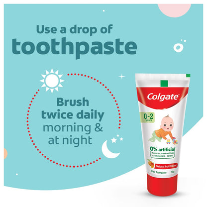 Colgate Toothpaste For Kids Cavity Protection (0-2 Years), Natural Fruit Flavour Tooth Paste, Sls & Fluoride Free - 70G Tube (Pack of 2)