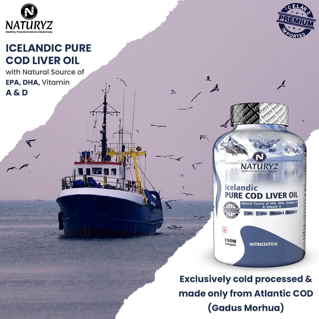 Naturyz Icelandic Pure Cod Liver Oil bottle with a fishing boat and mountain background