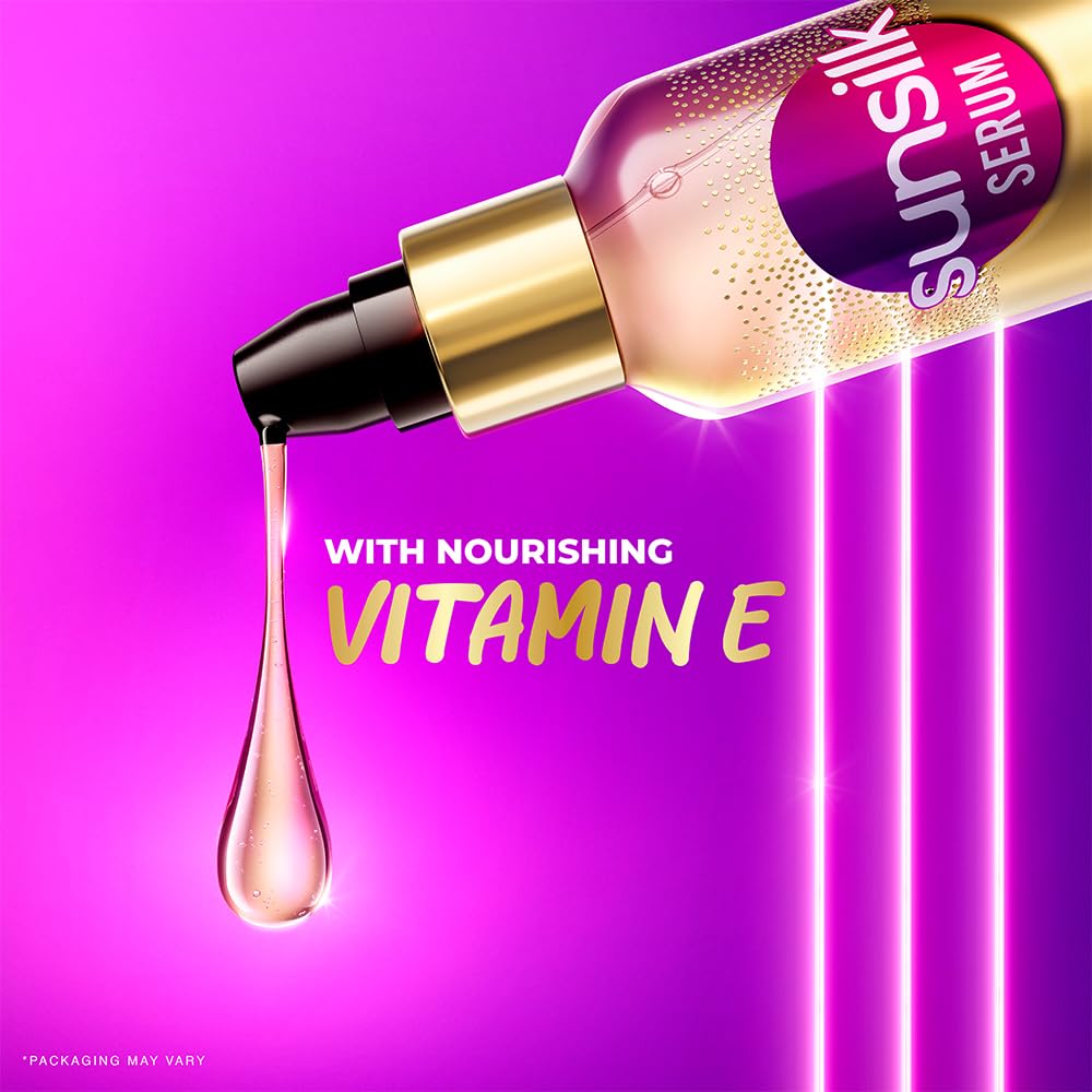 Sunsilk serum bottle with droplet on a purple background, highlighting vitamin E.