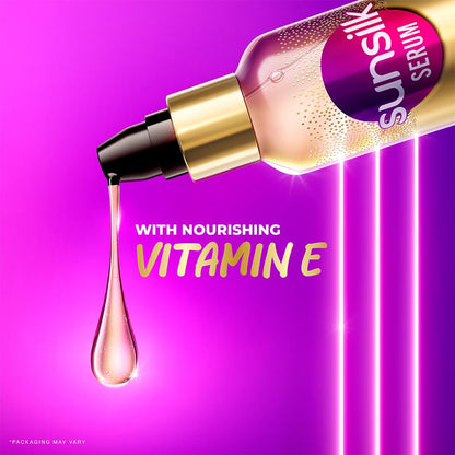 Sunsilk serum bottle with droplet on a purple background, highlighting vitamin E.