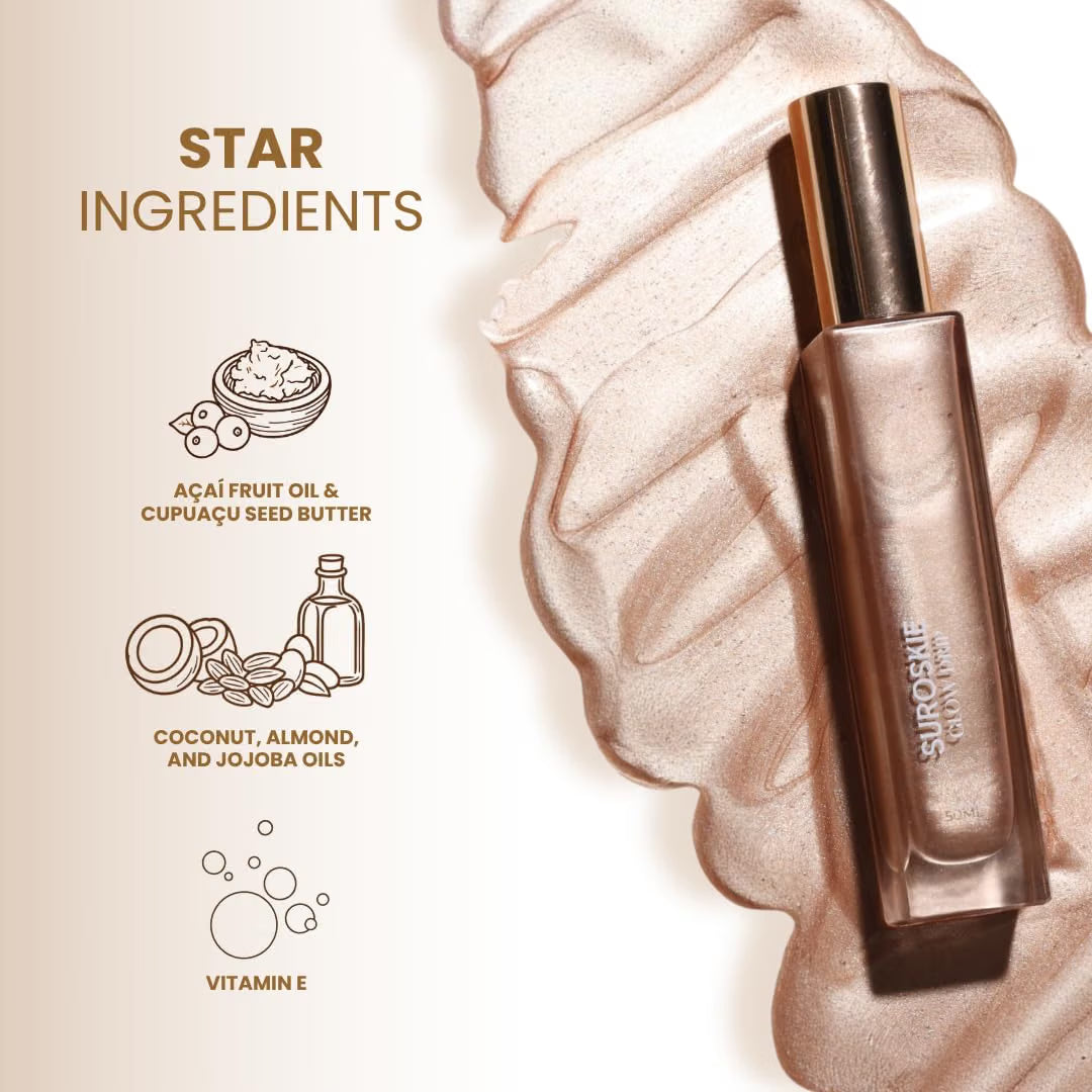 Suroskie Glow Drip 50ml Body Highlighter (Golden Hour, with Brush) | Shimmer for Radiant & Luminous Skin | Non-Greasy & Quick Absorbing | with Superfood Oils & Gold Mica | Body Shimmer for Women