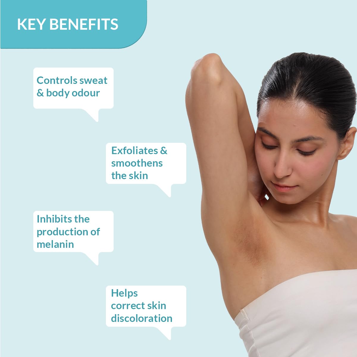 Woman with clean armpits on a light blue background with text highlighting key benefits.