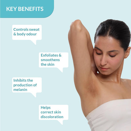 Woman with clean armpits on a light blue background with text highlighting key benefits.