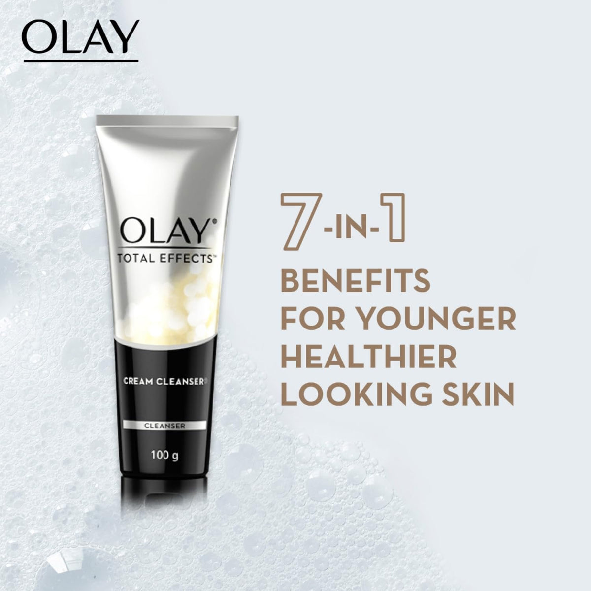 Olay Total Effects cream cleanser tube with text on a light gray background