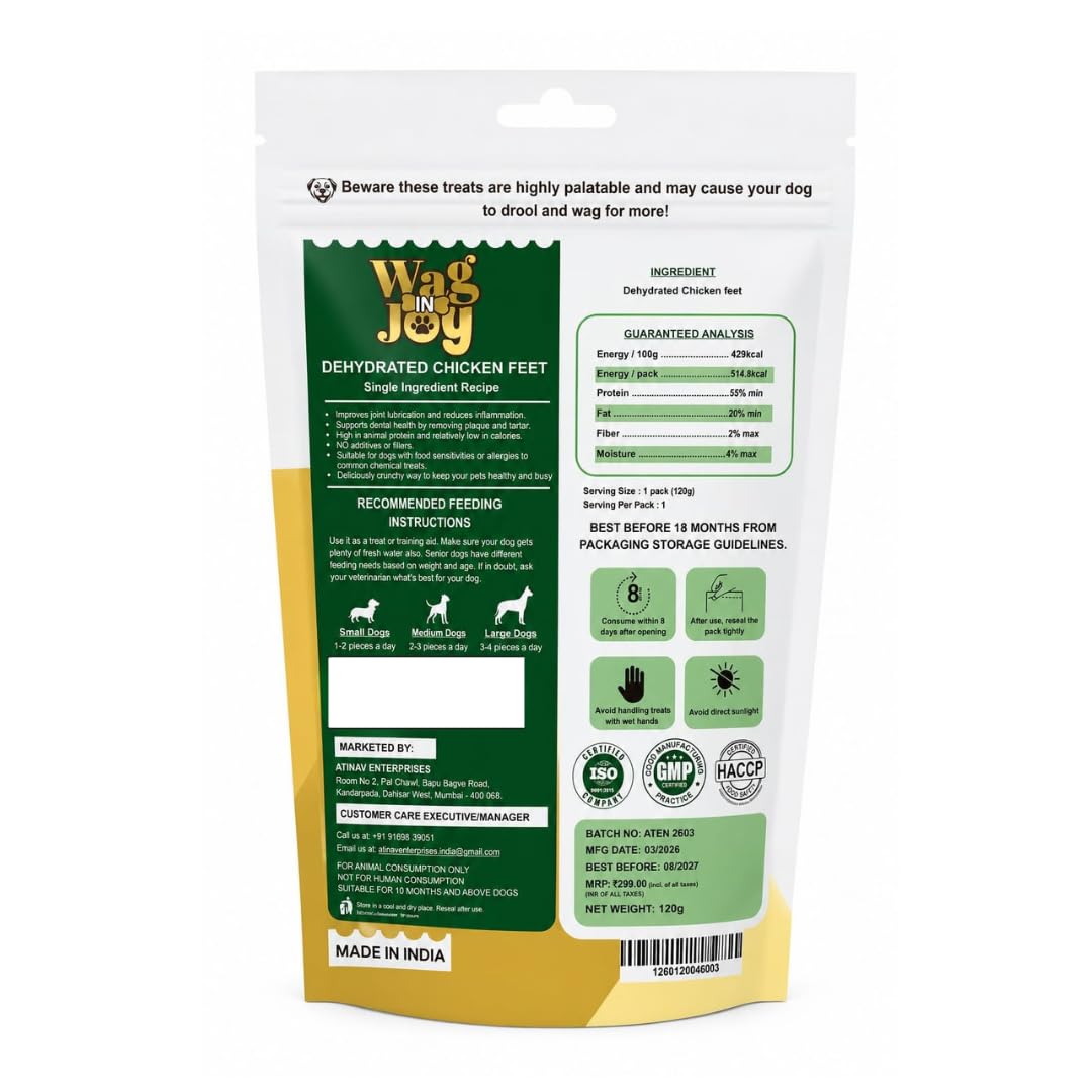WAG IN JOY 100% Natural Dehydrated Chicken Feet Treats for Dogs | High in Glucosamine & Chondroitin | Gluten-Free |12-13 pcs | 120 gram|
