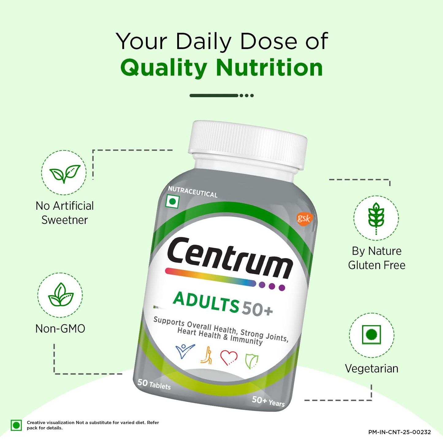 Centrum Adults 50+ Multivitamin Tablet for Men & Women|With 23 Vital Nutrients including Zinc,Magnesium, Vitamin B,C,D, Calcium for Energy, Strong Joints, Immunity and Heart Health|Veg - 50 tablets