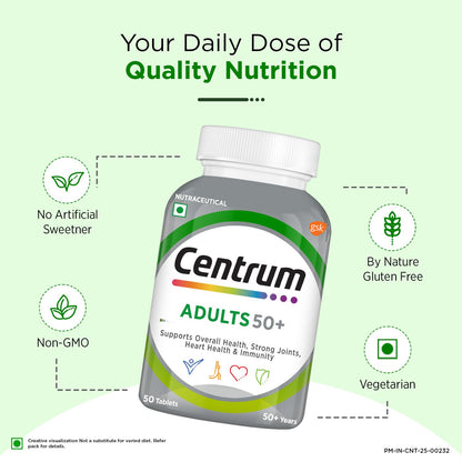 Centrum Adults 50+ Multivitamin Tablet for Men & Women|With 23 Vital Nutrients including Zinc,Magnesium, Vitamin B,C,D, Calcium for Energy, Strong Joints, Immunity and Heart Health|Veg - 50 tablets