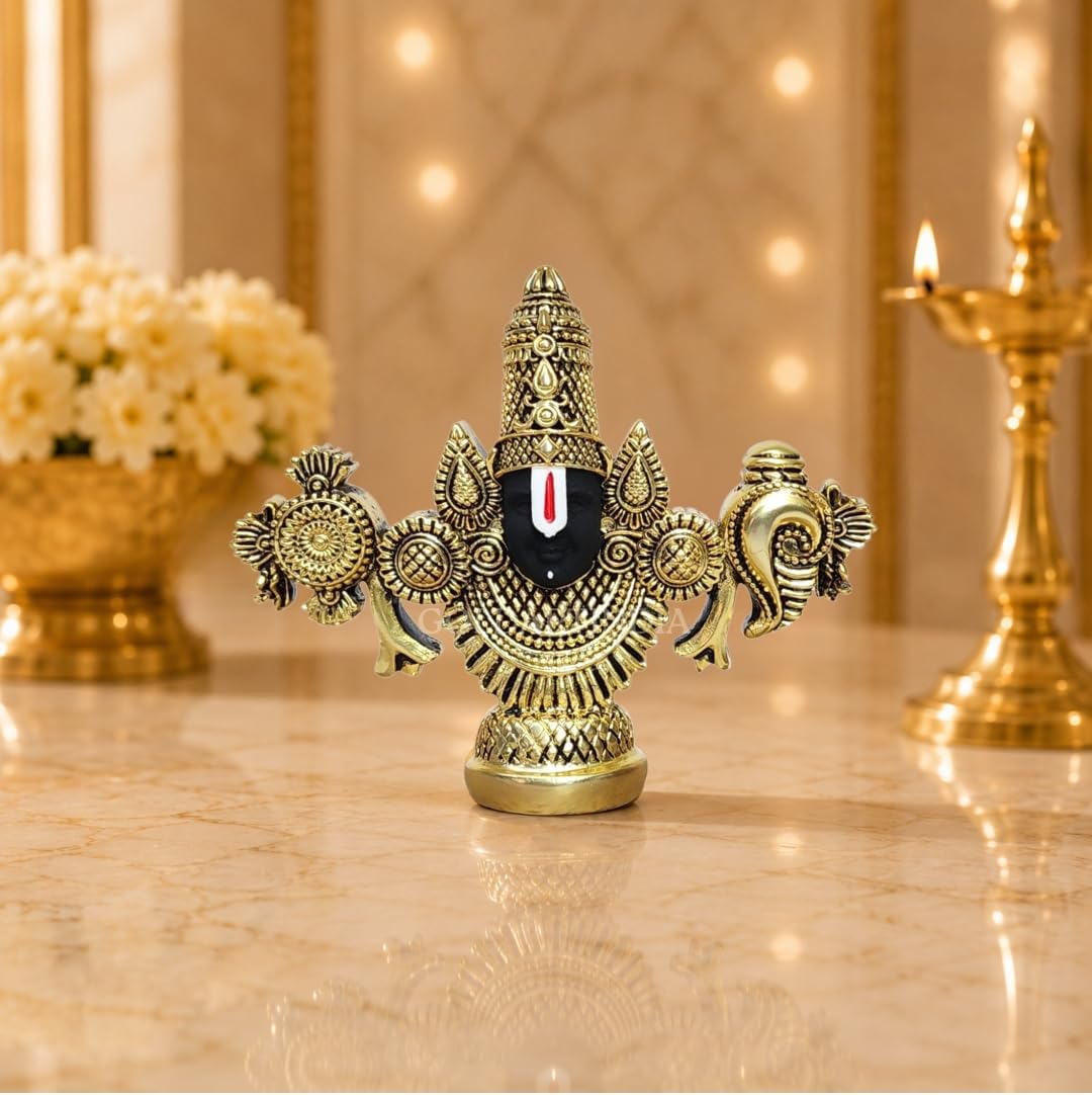 Gold Art India Lord Venkateswara Balaji Idol | Gold-Plated Antique Matte Finish Murti | 3.5 x 4.2 inch | Tirupati Balaji Statue for Home Mandir, Office & Gifting