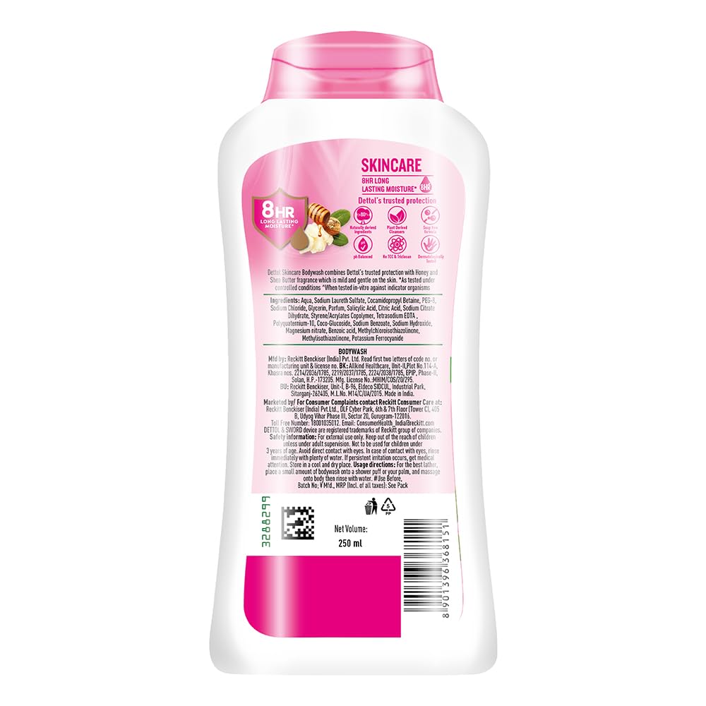 Dettol Skincare Body Wash and Shower Gel for Women and Men, 250ml | Soap-Free Bodywash | 8h Moisturization