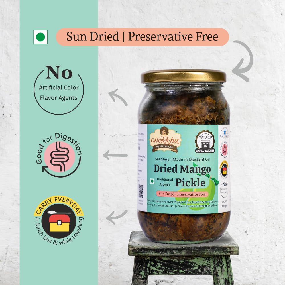 Chokkha Traditional Homemade Dried Mango Pickle (Aam) | Sukha Aam ka Achar | Authentic Indian Taste | Traditional Family Recipe | No Vinegar, Additives or Preservatives | Sundried and Freshly Grounded Spices | Seedless (No Guthli) | 400 Gm