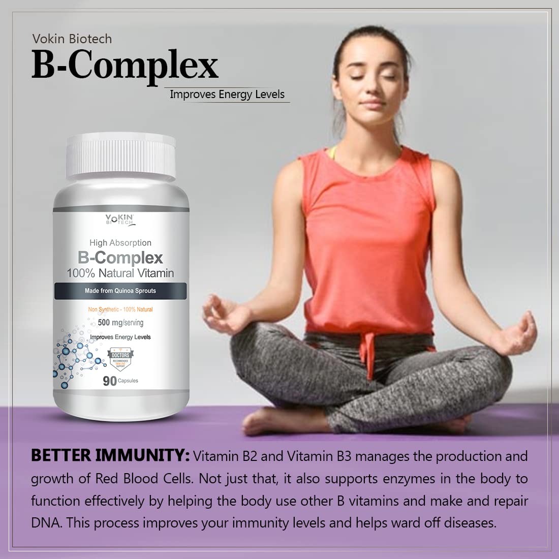 Vitamin B-Complex supplement bottle with a woman meditating on a gray background