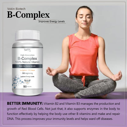 Vitamin B-Complex supplement bottle with a woman meditating on a gray background