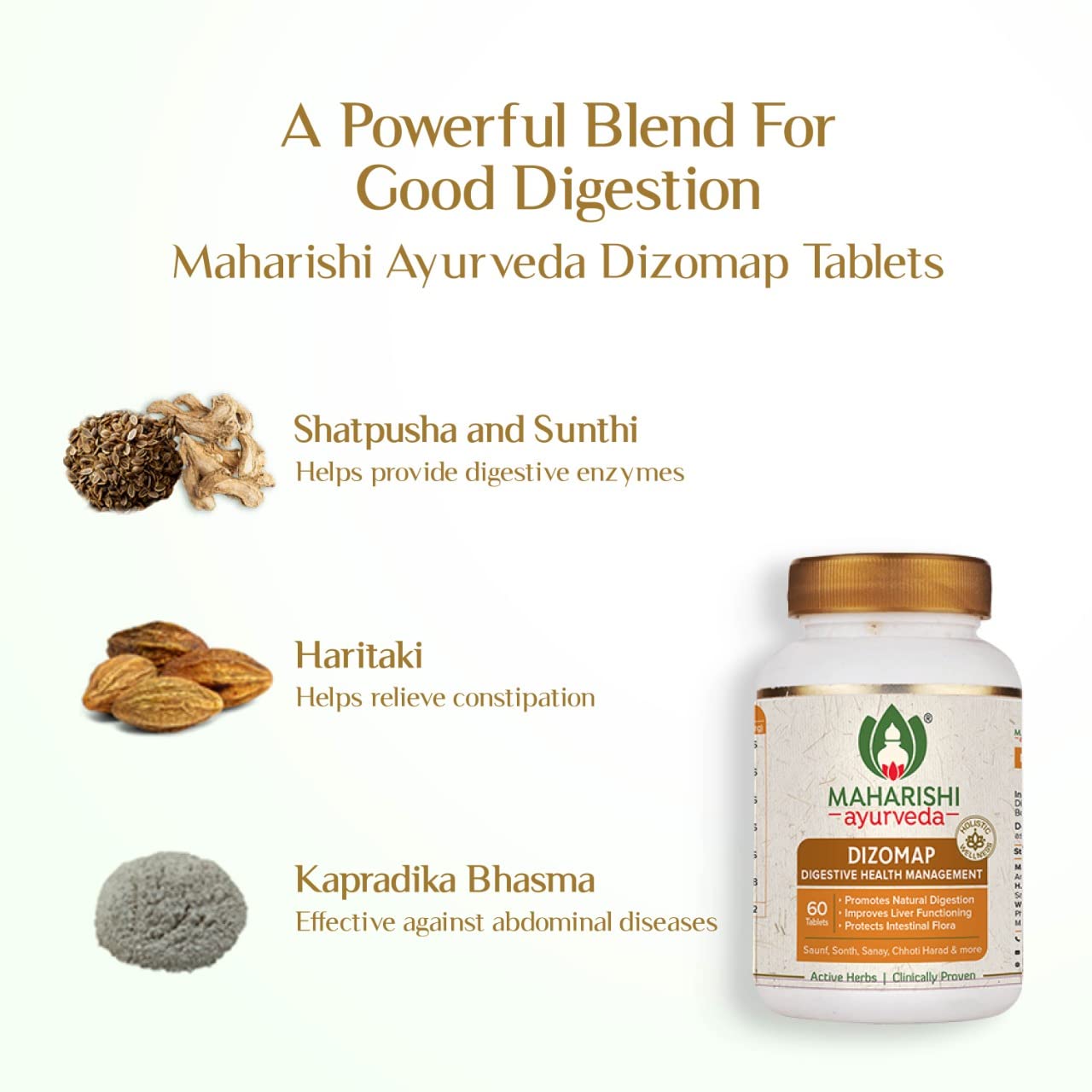 Zephivo Maharishi Ayurveda Dizomap, Ayurvedic Tablet Medicine For Indigestion & Constipation, Improves Liver Functioning & Intestinal Flora, Saunf, Sonth, Sanay & Chhoti Harad, 60 Tablets
