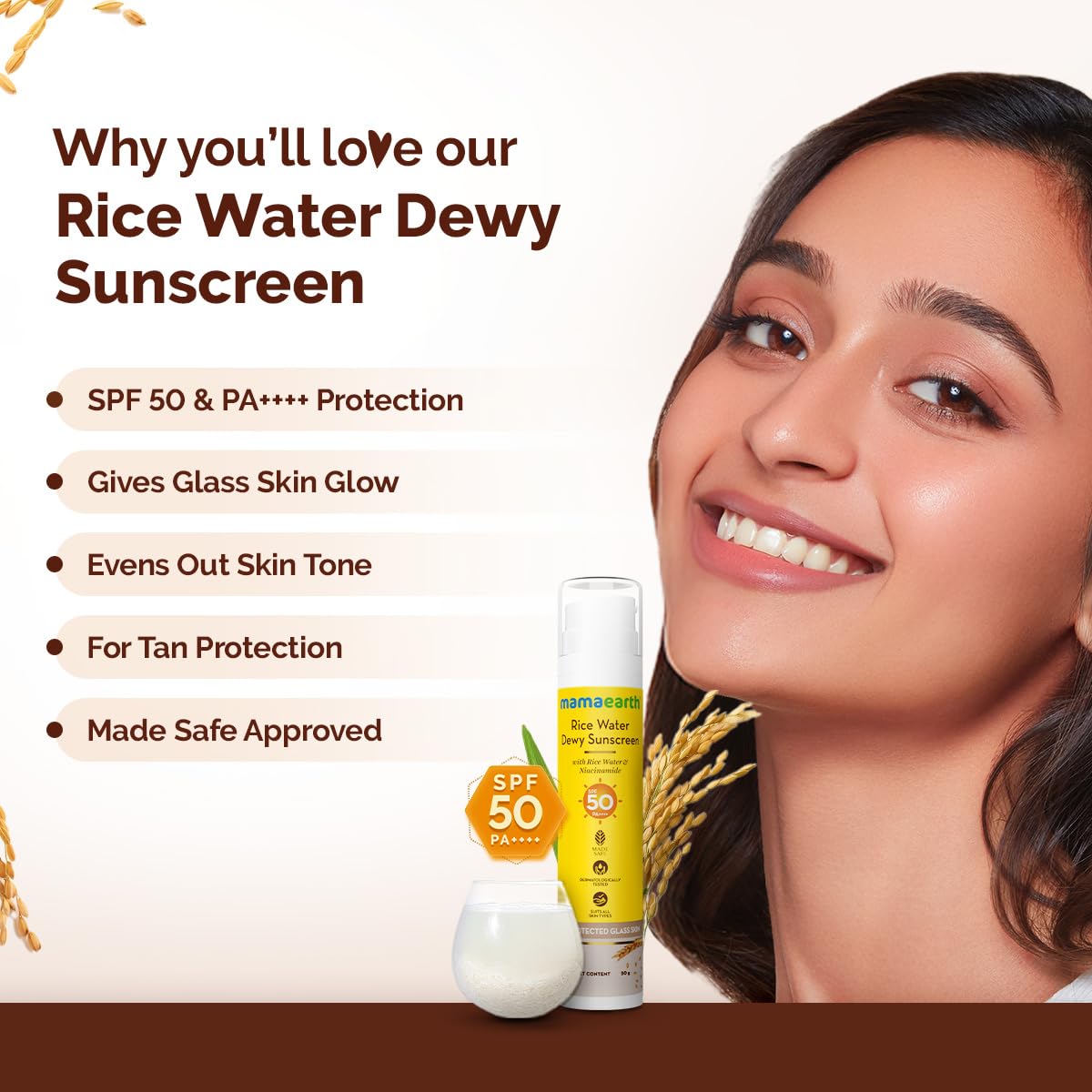 Mamaearth Rice Water Dewy Sunscreen with SPF 50 PA++++ | UVA & UVB Protection | Tan Protection | Gives Glass Skin Glow | No White Cast | For All Skin Types | 50 g