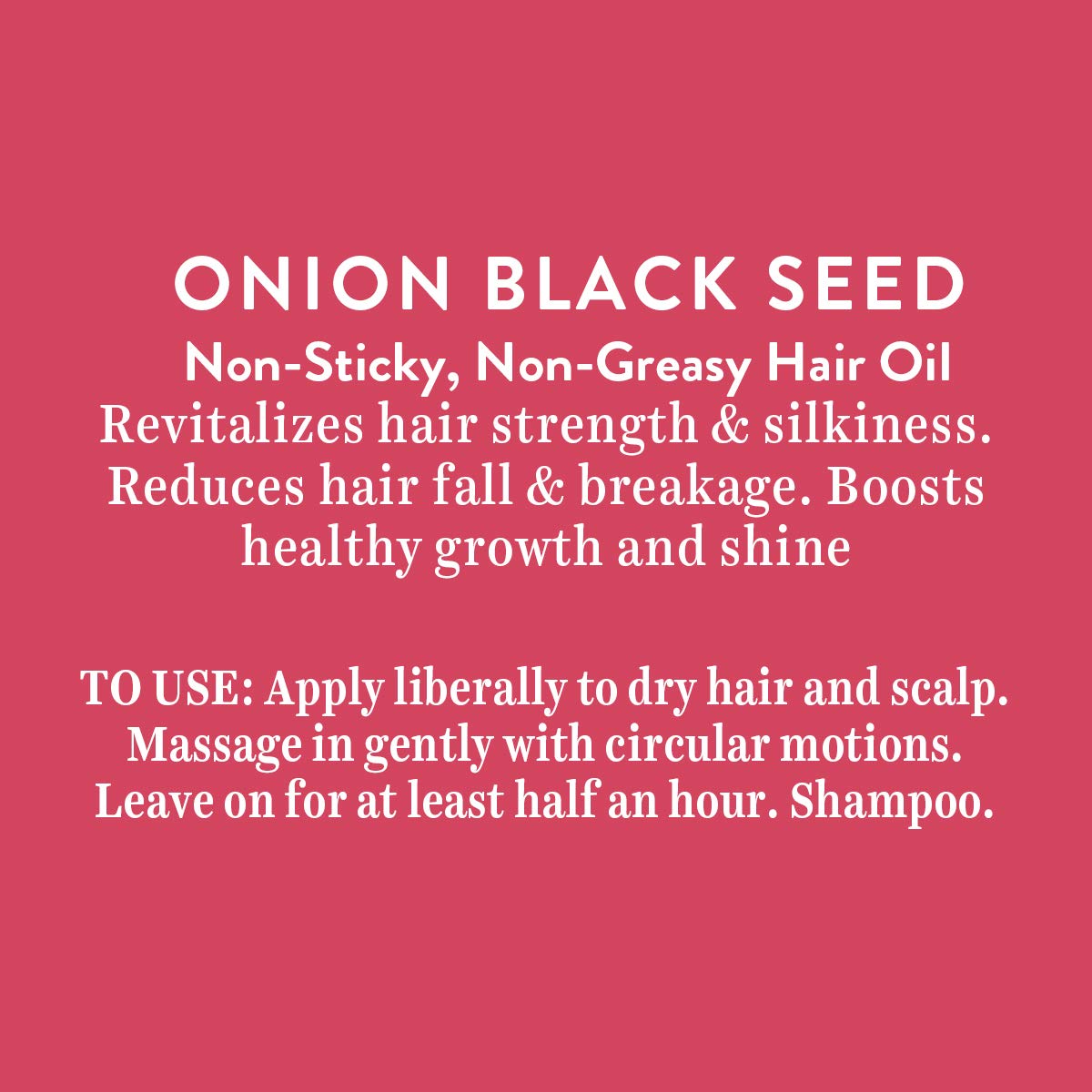 Text description of onion black seed hair oil on a pink background