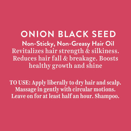 Text description of onion black seed hair oil on a pink background