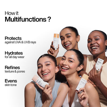 Advertisement featuring four women holding skincare products with text highlighting product benefits.