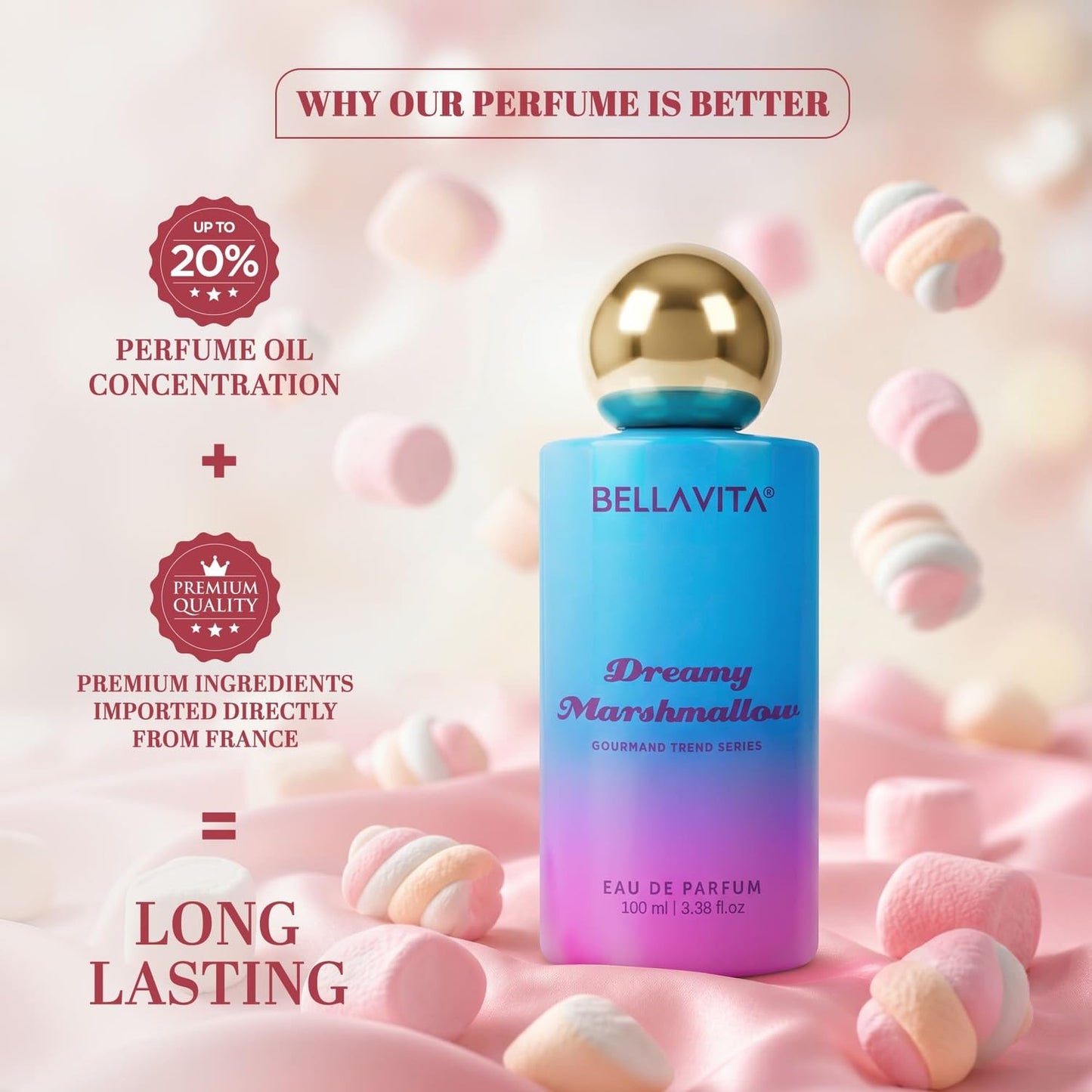 BELLAVITA Dreamy Marshmallow | Long Lasting EDP | 100ml | Perfume for Man | Perfume for Woman | Smells Like a Snack | Marshmallow, Strawberry, Vanilla & Musk | Premium Unisex Gourmand Fragrance