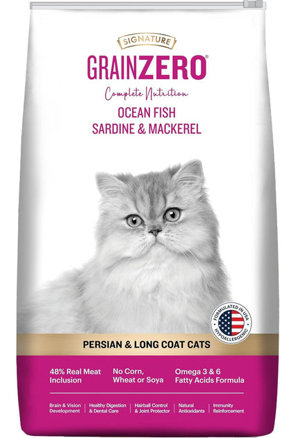 Grain Zero Persian Dry Cat Food 1.2kg | Ocean Fish, Sardine & Mackerel | 48% Fresh Fish Inclusion, No Grain Formula, Gluten- Free, Hairball Control | for Persian & Long Coat Cats, All Life Stages