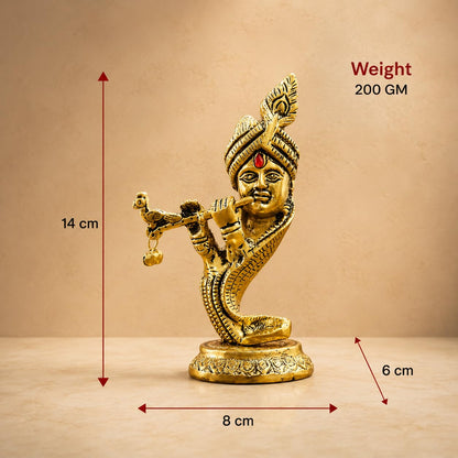 KridayKraft Lord Krishna Idol Playing Flute with Peacock, 14 cm Golden Aluminium Bansuri Krishna Murti for Home Mandir, Pooja Room, Janmashtami Décor & Religious Gifting