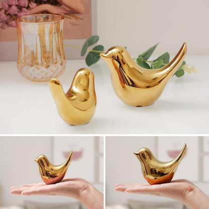 Ceramic Golden Birds Showpiece for Home Decor | Set of 3 Decorative Bird Figurines | Gold Bird Statue for Living Room, Bedroom, Office Desk, Cabinet & Shelf Decoration (Pack of 2, Golden)