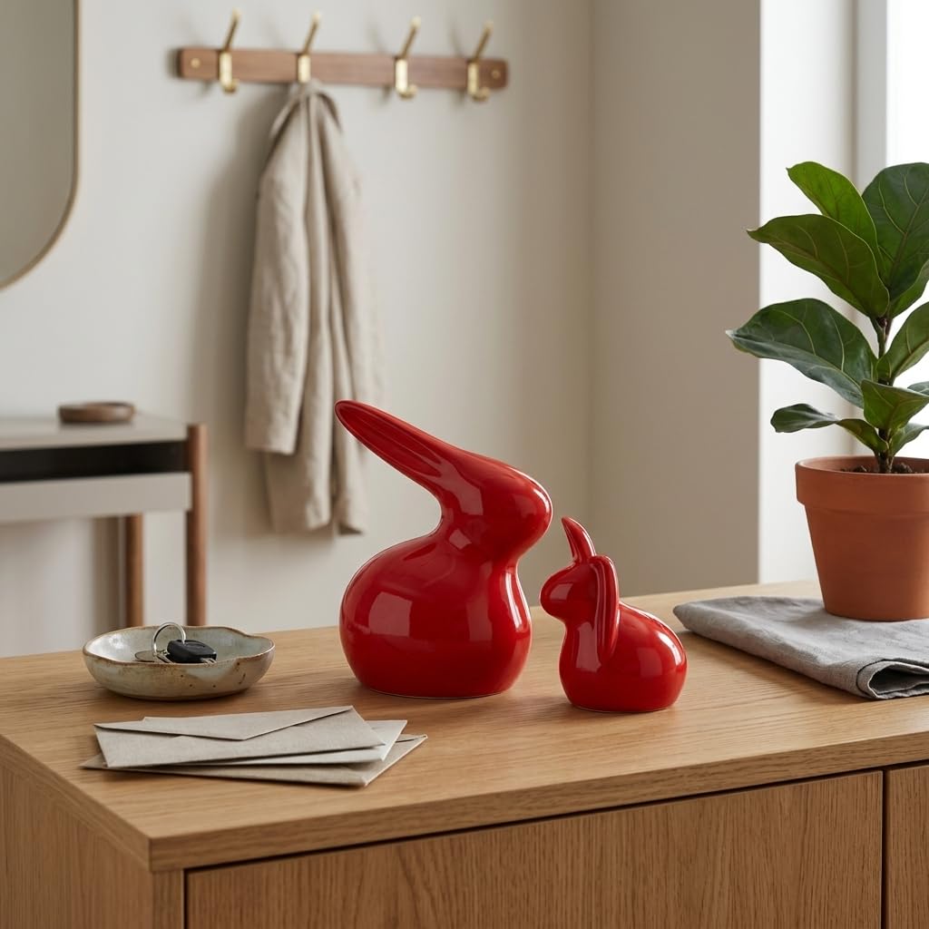 Home Décor Ceramic Rabbit Figurines (Set of 2, Red Color)