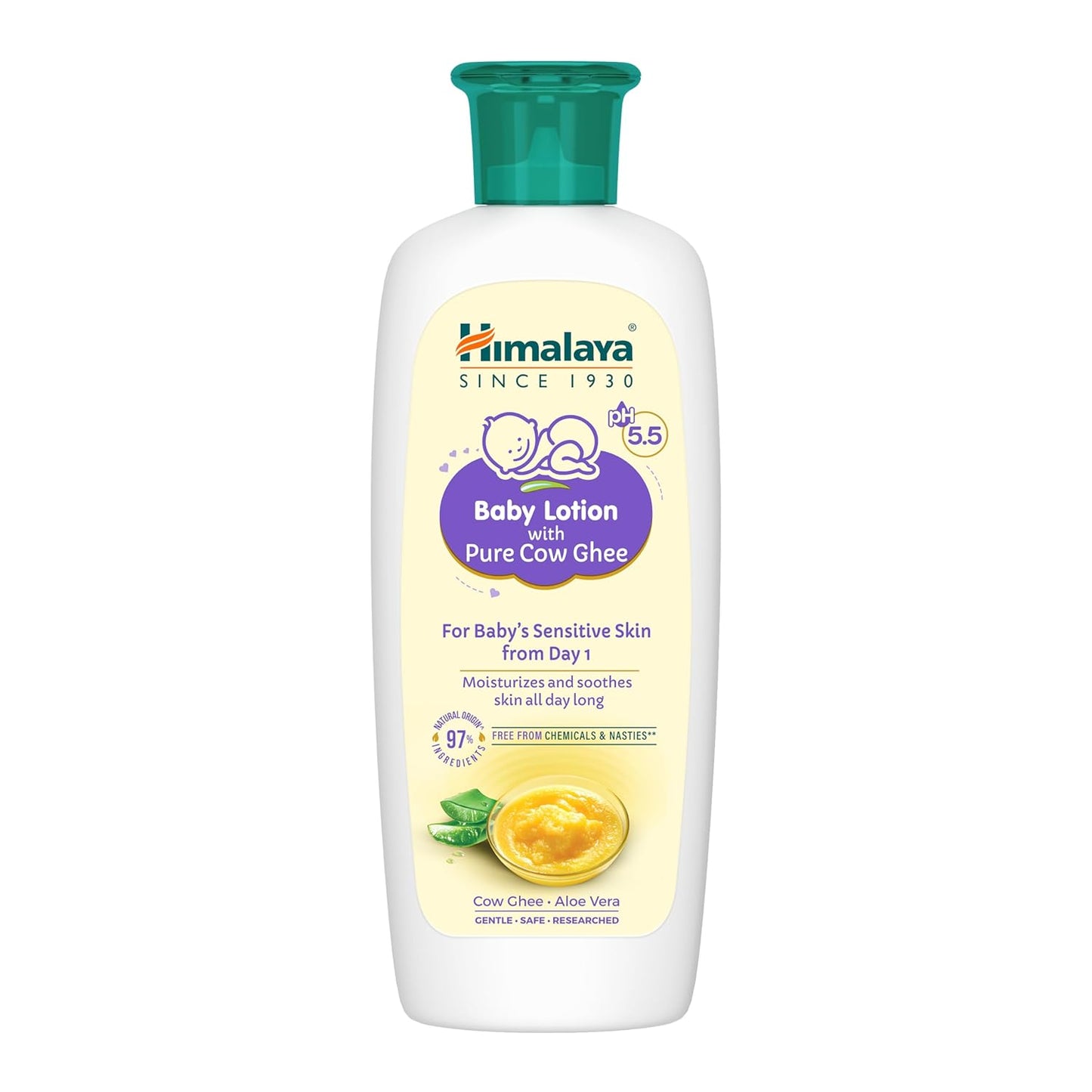 Himalaya Baby Lotion with Pure Cow Ghee 100ml | pH 5.5|Aloe vera|Safe for newborns|For baby's sensitive skin safe from day 1|No Parabens|No Phthalates|No Mineral Oil|No Synthetic color
