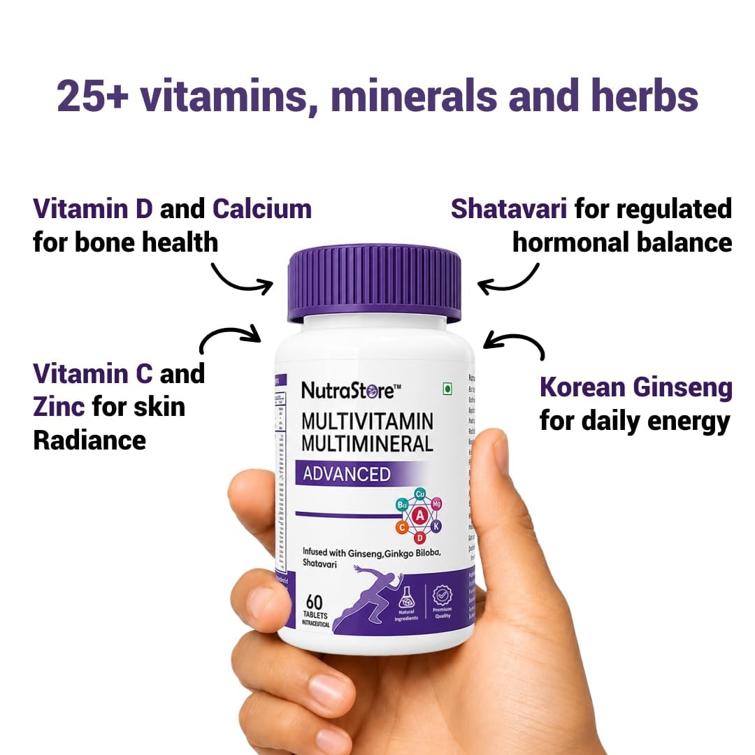 NutraStore Multivitamin Multimineral Advanced Tablets for Men & Women | With Ginseng, Ginkgo Biloba & Shatavari | Vitamins A, C, D3, K2, B12 for Energy, Immunity, Muscle Recovery & Wellness | 60 Veg Tablets