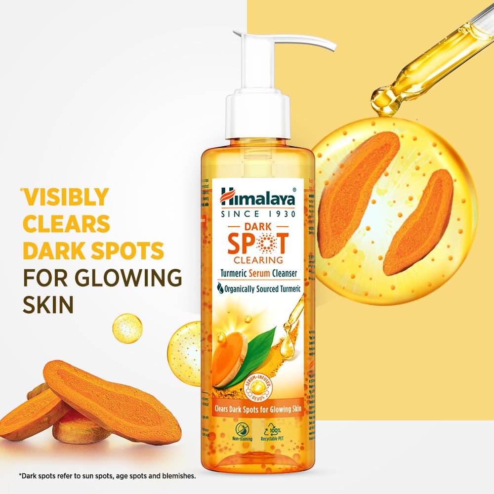 Himalaya Dark Spot Clearing Turmeric Serum Cleanser bottle with turmeric roots and serum droplet on a yellow background