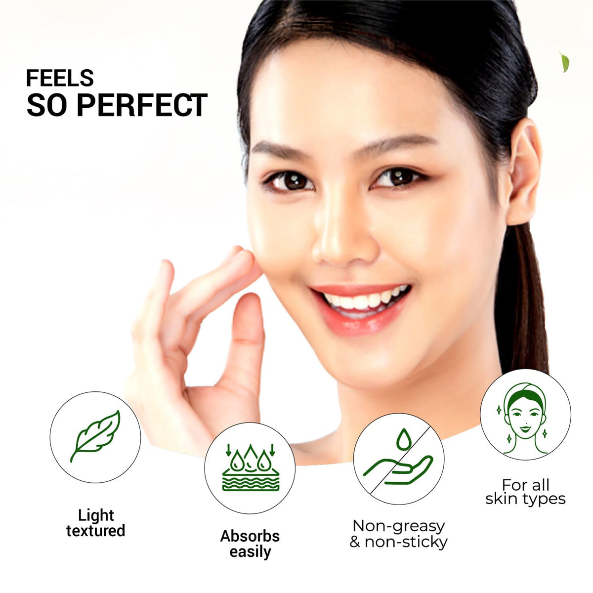 Woman with smooth skin touching face, with icons and text about skincare product benefits.