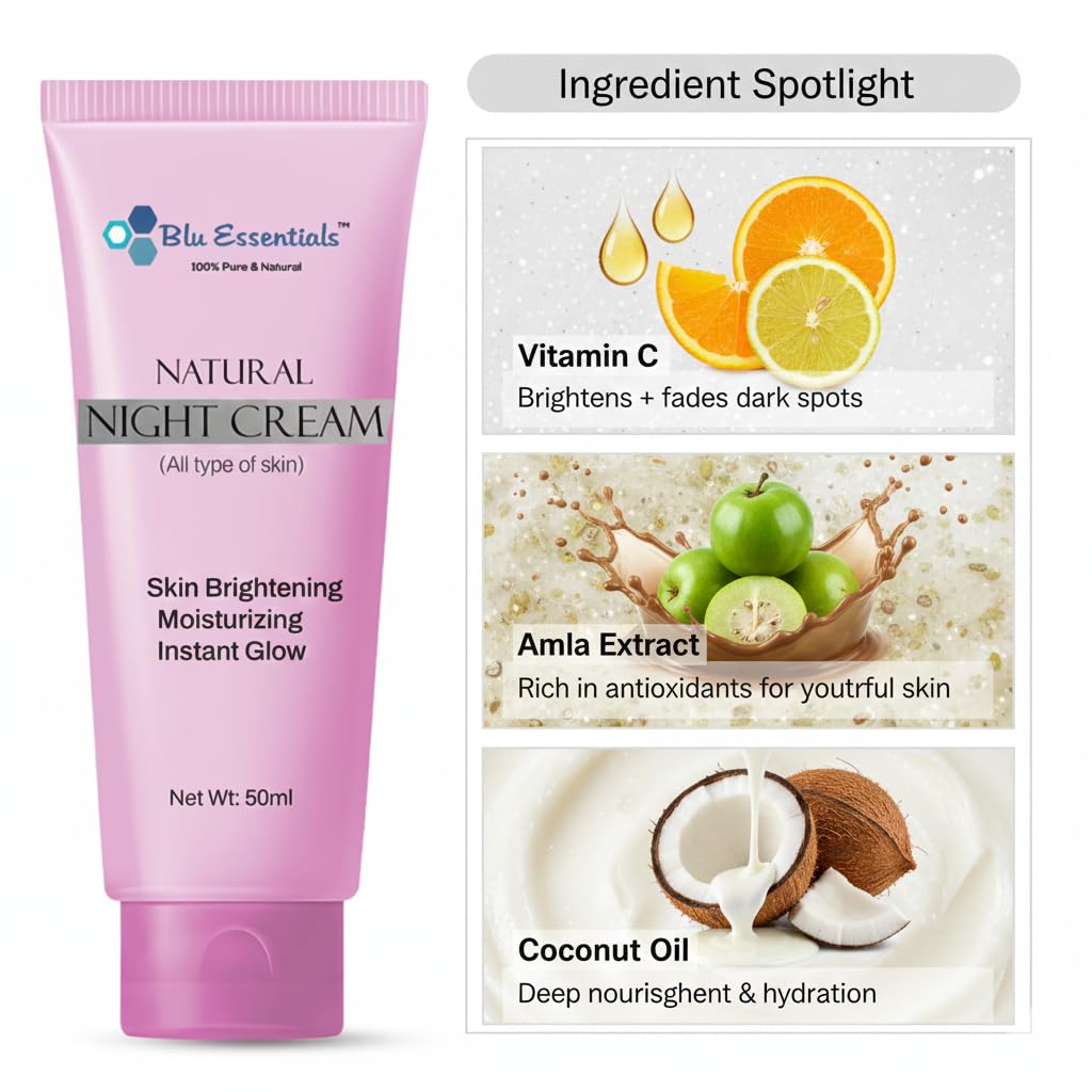 Blu Essentials Vitamin C Night Cream for Women and Men | for Glowing Skin | Suits For Both Oily & Dry Skin | Dark Spot Removal, Anti-Ageing | 50ml