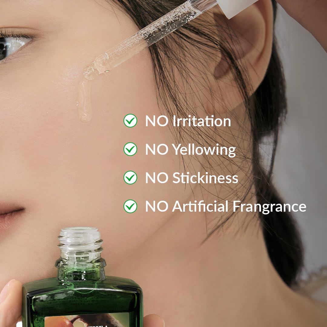 Person using a skincare product with text highlighting benefits on a plain background