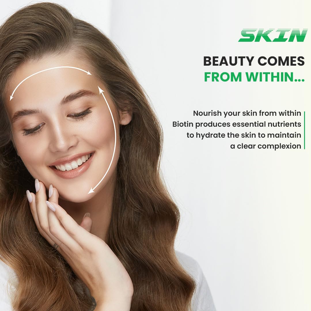 Woman with a clear complexion touching her face, with text about skin health and Biotin.