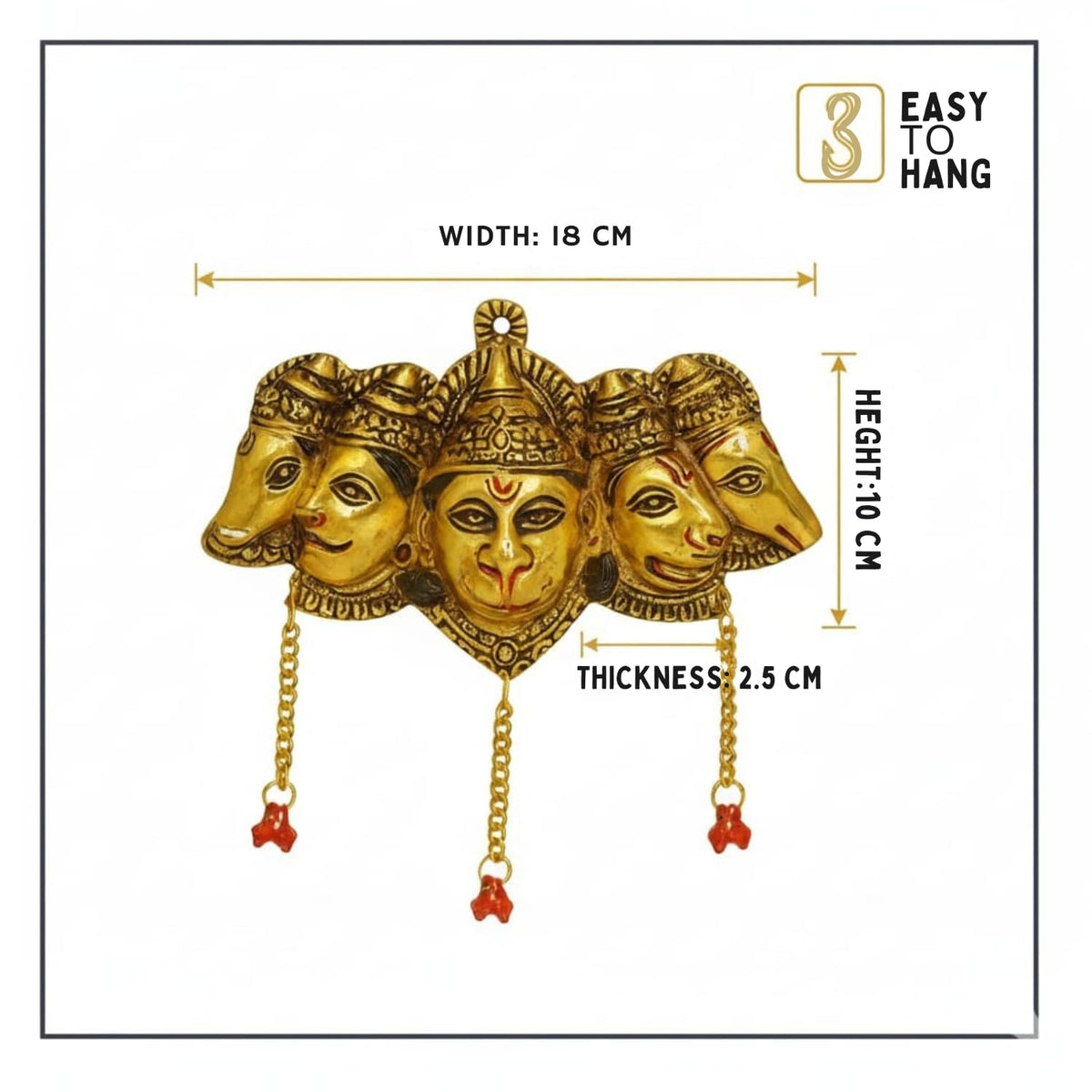 Kalakriti Panchmukhi Hanuman Ji Murti for Door Entrance, Gold Finish Wall Hanging Statue Showpiece for Main Gate, Decorative Hindu God Idol for Home Temple & Vastu Protection (Panchmukhi Hanuman)
