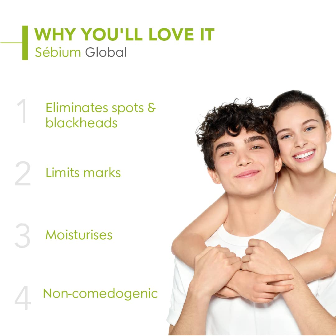 Advertisement for Sébium Global skin care product showing a couple embracing with text highlighting benefits.