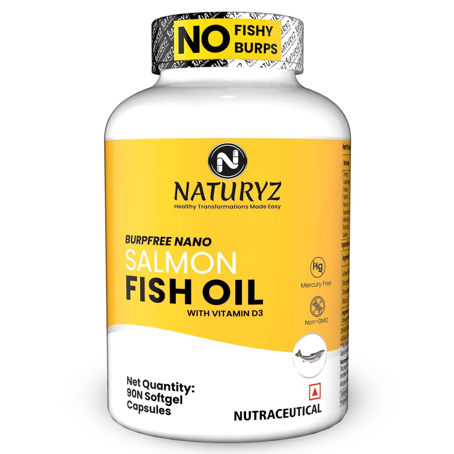 Naturyz Salmon Fish Oil supplement bottle with yellow label on a white background