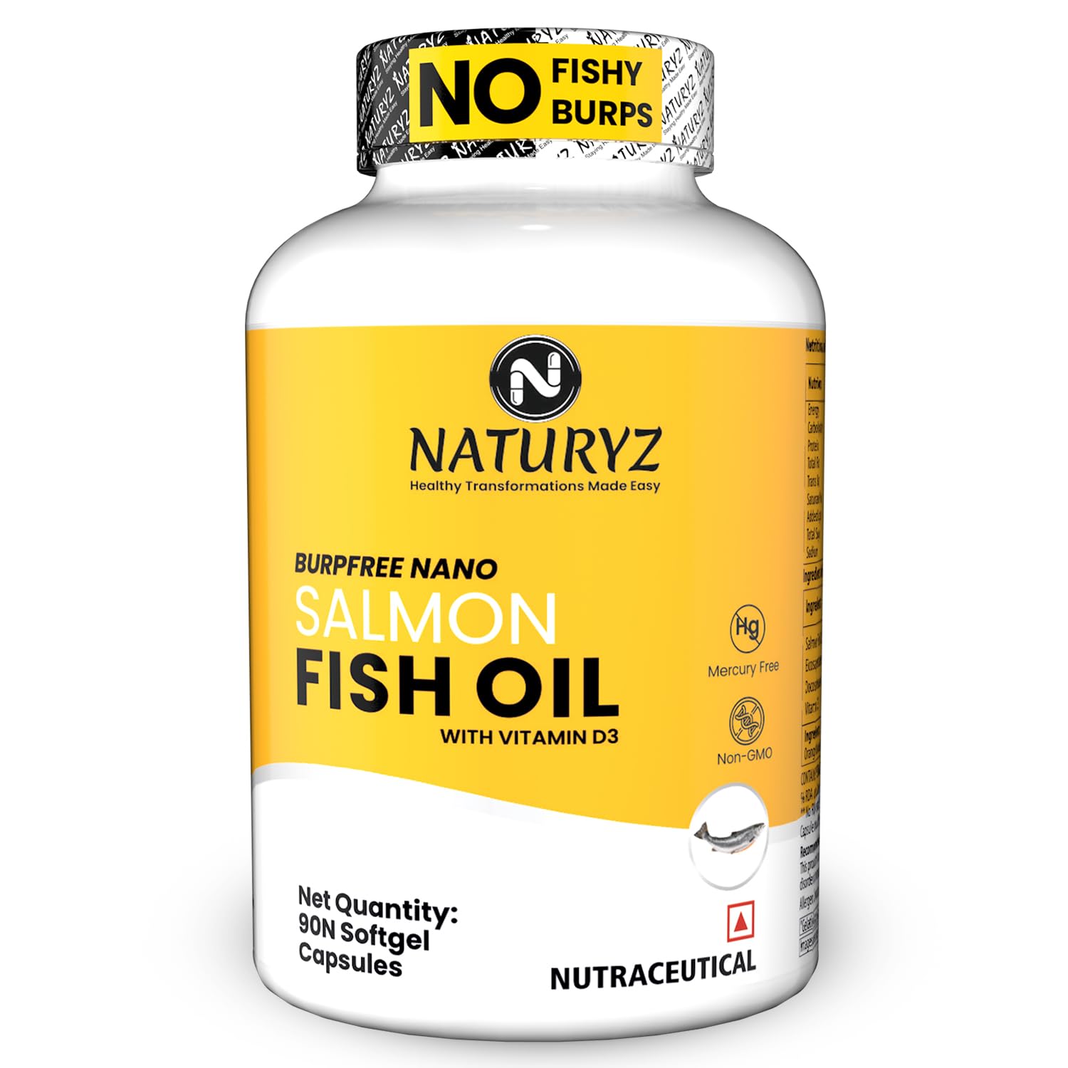 Naturyz Salmon Fish Oil supplement bottle with yellow label on a white background
