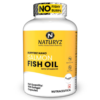 Naturyz Salmon Fish Oil supplement bottle with yellow label on a white background