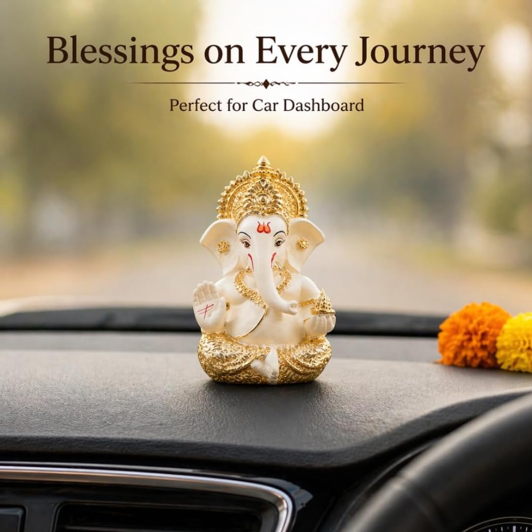 Gold Art India Lord Ganesha Gold Plated Idol | Elegant Off White Finish | Premium Peacock Green Velvet Gift Box | Ganesh Murti for Home Temple, Office Desk & Car Dashboard | Spiritual Gift
