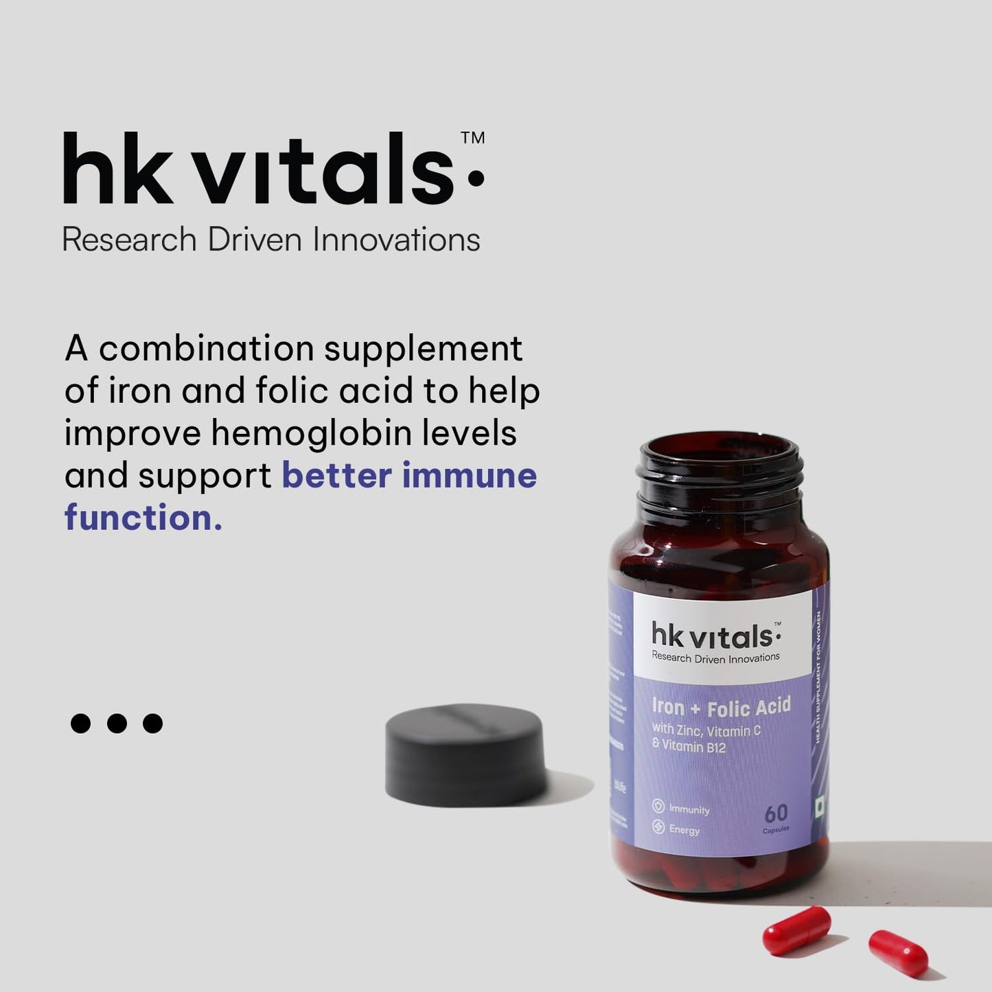 HealthKart hk vitals Iron + Folic Acid Supplement (60 Capsules) | With Zinc, Vitamin C & Vitamin B12, Supports Blood Building | Immunity and Energy