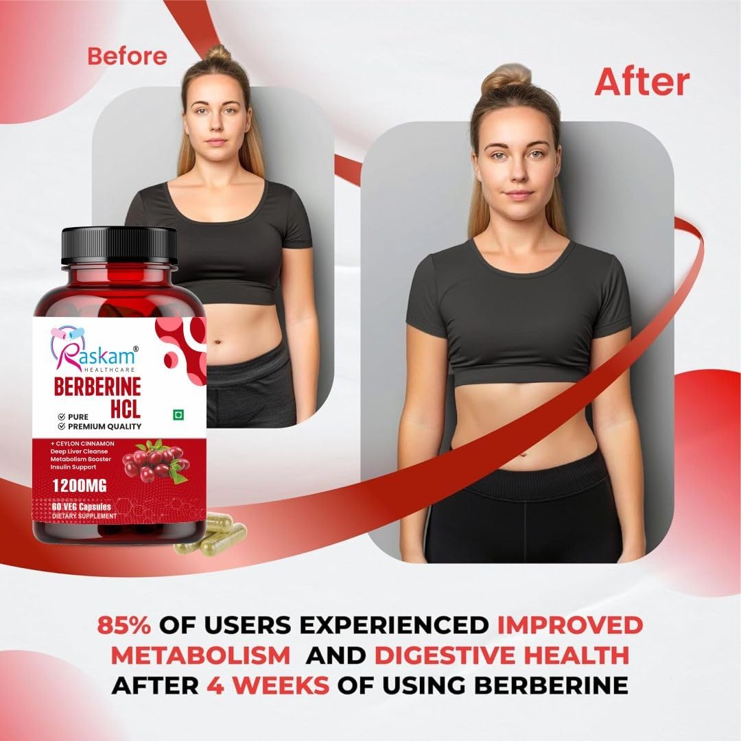 Before and after comparison of a woman with Raskam Berberine HCL supplement showing improved metabolism and digestive health.