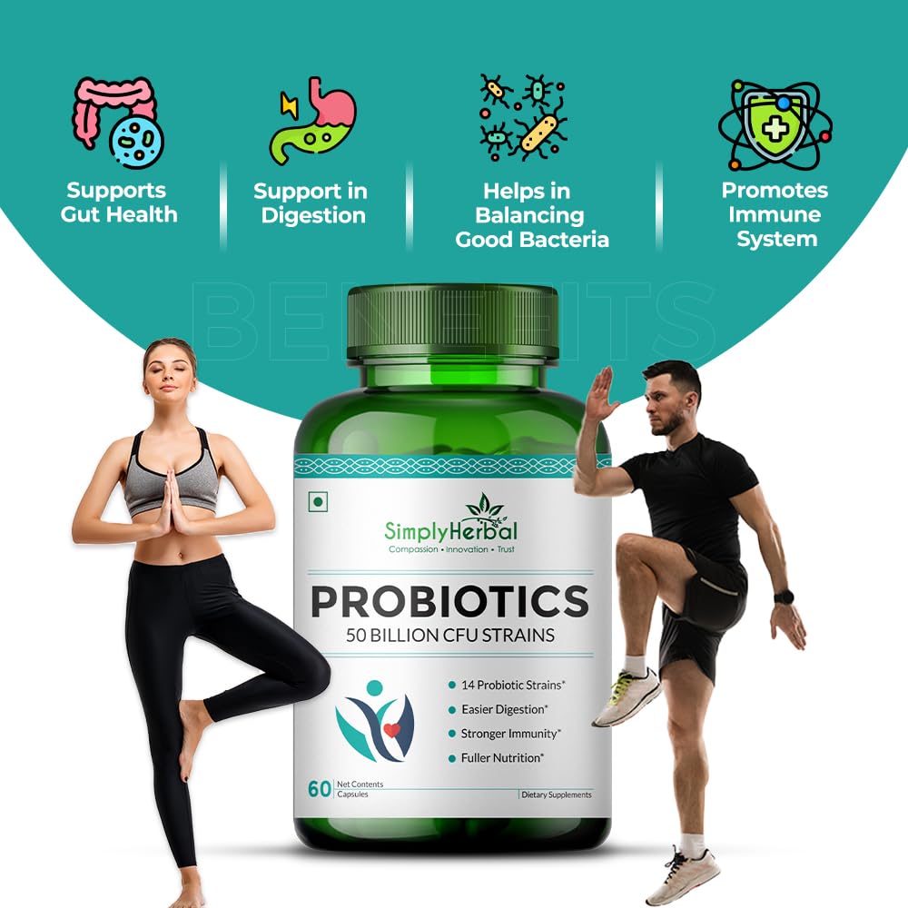 Bottle of SimplyHerbal Probiotics with icons and text highlighting benefits on a white background