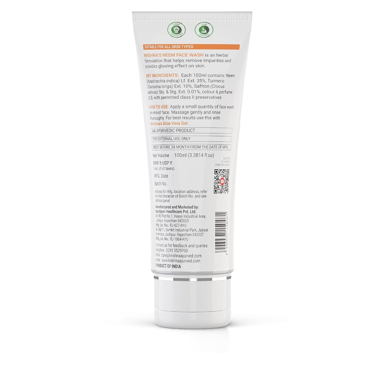 Krishna's Neem Face Wash - 100 ml | Ayurvedic expert for Acne & Pimples | Goodness of Neem, Turmeric & Saffron