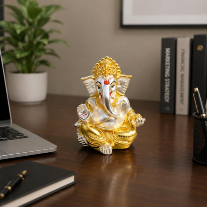 Gold Art India Gold and Silver Plated Matte Finish Ganesh Idol For Car Dashboard Ganesha Murti Ganpati Idol For Home Decor Puja Lord Ganesh Statue Gift For Office Desk Puja Room Figurine, 3 x 3 inches