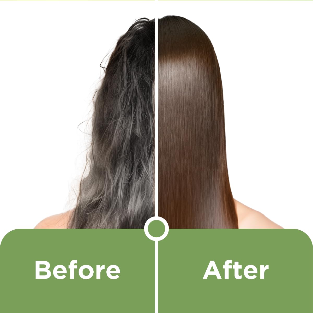 Before and after comparison of hair treatment showing a person with gray hair on the left and smooth, dark brown hair on the right.